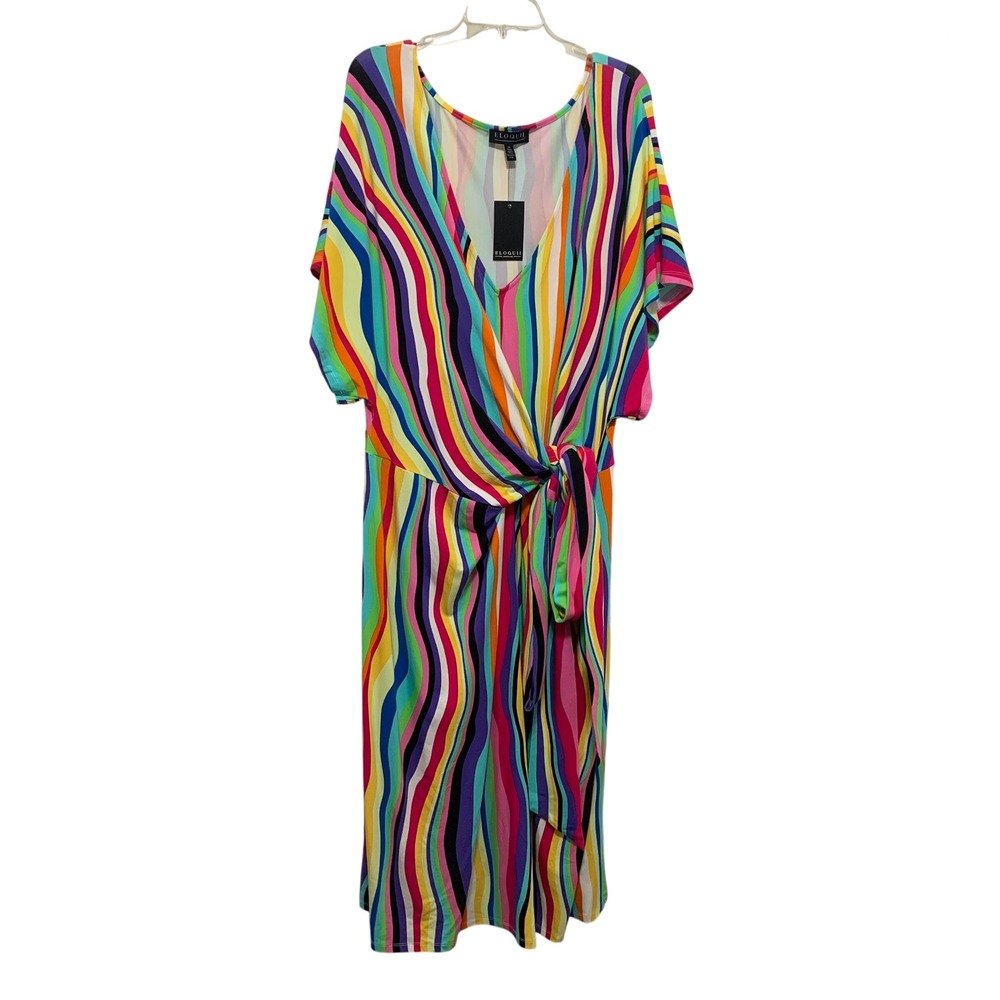 ELOQUII Liquid Rainbow Stripe Wrap Around Midi Dress Plus Size 26  NWT